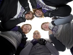 The Western starting offensive line ? clockwise from bottom middle, Matt Bettencourt, Dylan Giffen, David Brown, Gregoire Bouchard and Mark Wheatley ? are the force that lets the Mustangs rush the ball better than anyone in university football. They need to be on their game to establish the running attack and keep Laval off balance in the Vanier Cup on Saturday in Hamilton. (DEREK RUTTAN, The London Free Press)