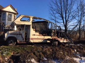 An RV and storage unit, pictured here, burned down overnight in St. Thomas. Police say it may have been arson.