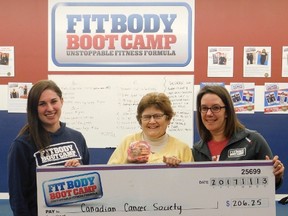 (L-R): Jill Smith, Director of Operations at NV Fitness, Linda MacDonald, Canadian Cancer Society volunteer and Melissa Wormington, Facility Manager at NV Fitness. A donation of $206.25 was made out to the Canadian Cancer Society to support the Wheels of Hope program. (Not pictured: NV Fitness owner, Nadine VandenHeuvel) (Kathleen Smith/Goderich Signal Star)