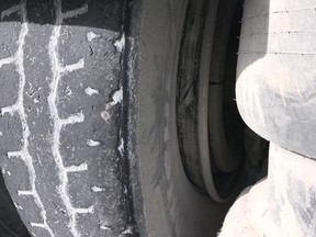 Both rear, interior tires of a dump truck were found to be flat during a Commercial Vehicle Safety Alliance (CVSA) inspection in Kingston, Ont. on Friday October 27, 2017. Courtesy of Kingston Police