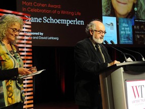 Supplied Photo
Author Diane Schoemperlen of Kingston was chosen as this year’s recipient of the Matt Cohen Award. Speaking at the presentation is fellow Kingston author Wayne Grady, who was a member of the award’s selection committee.