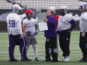The Western Mustangs hold practice ahead of their Vanier Cup game against the Laval Rouge et Or in Hamilton, Ont., Thursday, November 23, 2017. (THE CANADIAN PRESS/Aaron Lynett)