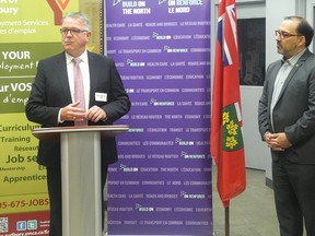 Labour Minister Ken Flynn (left) and Sudbury Liberal MPP and Energy Minister Glenn Thibeault at a press conference at the Sudbury YMCA Employment Services and Immigrant Services office in the Rainbow Centre.