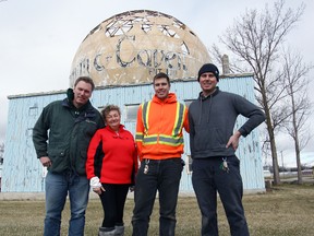 In Vanastra, the Radome sits, the Government of Canada believe such radar equipment used in the Second World War cemented a win for the Allied Forces. From left to right, Jason Oud, Huron East Economic Officer, Jan Hawley, Andrew Oud and Stephen Oud. A couple weeks ago the three bought the iconic building. (Shaun Gregory/Huron Expositor)