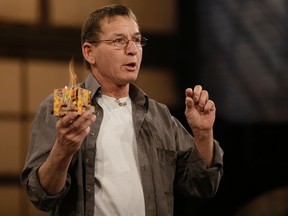 Sean Price of Elgin pitches his Sure Fire Cube during an April taping of the Dragons' Den in Toronto. His pitch airs on CBC on Dec. 8. (Photo courtesy of Dragons' Den)