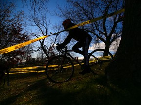A cyclist speeds around a turn at the Riverside Rumble Cyclocross event on Sunday November 26, 2017 in Belleville, Ont. Cyclists from across Ontario competed in the seventh and final race of the Ontario Cup points series. There were a total of five different heats throughout the day, with up to 18 different classes being raced. Each event was timed with participants trying to do as many laps of the obstacle-ridden course as they could in the allocated time. The event was a fundraiser for Belleville on Bikes, an organization that provides safe cycling education. Tim Miller/Belleville Intelligencer/Postmedia Network