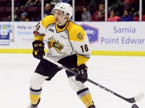 Sarnia Sting's Jordan Ernst plays against the Soo Greyhounds in the first period at Progressive Auto Sales Arena in Sarnia, Ont., on Friday, Nov. 10, 2017. (Mark Malone/Postmedia Network)