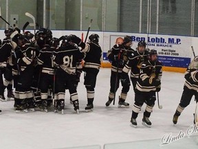 Celebrating the 5-2 win against Hanover Barons. (Courtesy of Goderich Flyers)