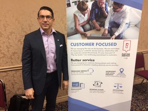 Ferio Pugliese, vice president of customer care and corporate affairs for Hydro One, spoke to local business leaders Monday morning about a new focus on customer service. (HEATHER RIVERS/SENTINEL-REVIEW)