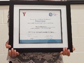 Sarnia's Aruba Mahmud was recognized Nov. 23 for her efforts in promoting peace in the community receiving the YMCA's Peace Medallion.
Handout/Sarnia This Week