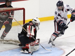 Gananoque Islanders goaltender Josh Rowden makes a save during a Provincial Junior Hockey League game in which the Islanders were outscored 14-2 and outshot 73-13 by the Port Hope Panthers on Oct. 7 in Port Hope. The Islanders fared much better this past weekend, losing just 3-2 to the Amherstview Jets on Saturday night before beating the Jets 7-3 on Sunday night. (Pete Fisher/Postmedia Network)