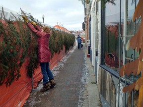 Arts shop owners are trying to make a barricade along Elgin Street more attractive by decorating with evergreen boughs.
