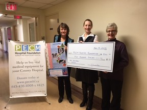 Submitted photo
Pictured here accepting the $500 donation from the Prince Edward County Quilters’ Guild to the Prince Edward County Memorial Hospital Foundation are (from left) Monica Alyea, chairperson of the PECMH Foundation, Penny Rolinski, executive director of the PECMHF and Janet Reader Day, president of the PECQG.