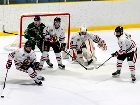 Goalie Will Barber keeps a sharp eye on the puck during action in front of his net during the last Sarnia Legionnaires home game. The Legionnaires are home again Thursday when they face the Chatham Maroons. (Photo courtesy of Shawna Lavoie.)