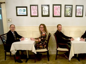 Murray Hunter, president of the Julia Hunter Memorial Fund (left), Marianne Griffith, facility co-ordinator and educational assistant at Growing Chefs, Joel Bakker, founder of Urban Harvest Landscape, and Ken Andrews, Julia Hunter Fund advisory board member, at Growing Chefs on King Street. (CHRIS MONTANINI, Londoner)