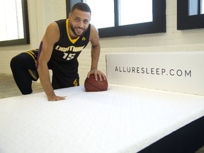 Garrett Williamson of the London Lightning and his brother Harley Williamson own Allure Sleep selling memory foam mattresses in London, Ont. Photograph taken on Tuesday November 28, 2017. (MIKE HENSEN, The London Free Press)