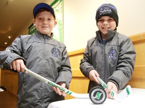 Nolan Schiewek  and Mathieu Bourassa of the Nickel City Jr. Sons major atom AA team were on hand for the launch of the Silver Stick Hockey Tournament at a press conference in Sudbury, Ont. on Tuesday November 28, 2017. The tournament gets underway on Thursday.Gino Donato/Sudbury Star/Postmedia Network