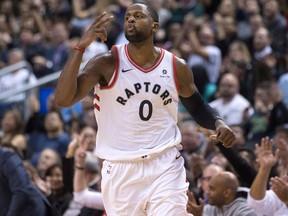 Toronto Raptors forward CJ Miles celebrates hitting a three-point shot on Nov. 17, 2017 (THE CANADIAN PRESS)