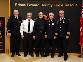 Submitted photo by Darlene Shantz
Robert Tolley, William Bedford, Leonard Bedford, Roger Flower, and Fire Chief Scott Manlow each received their provincial bar for 45 years of service with the Prince Edward County Fire Department at a ceremony earlier this week. Dozens of firefighters were recognized for their service and commitment during the service.