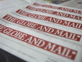 Copies of the Globe and Mail newspaper are shown in Toronto on Tuesday, Aug. 22, 2017. THE CANADIAN PRESS/Graeme Roy