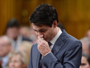 Prime Minister Justin Trudeau pauses while making a formal apology to individuals harmed by federal legislation, policies, and practices that led to the oppression of and discrimination against LGBTQ2 people in Canada, in the House of Commons in Ottawa, Tuesday, Nov. 28, 2017. (THE CANADIAN PRESS/Adrian Wyld)