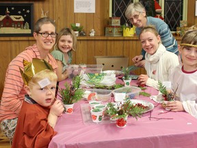 Messy Church at Lucknow Presbyterian gives people another option to be involved in worship, music and food as a family. Messy Church in Lucknow started in July 2017 and takes place on the last Wednesday of each month. There will be no Messy Church for the month of December 2017 and regular Messy Church will begin in January 2018. 
L-R: Monique Cooper, Corrie Cooper, Liam Cooper, Marg Hofer, Stephanie McLean and Macey Farrish come together for the craft time at Messy Church in Lucknow.