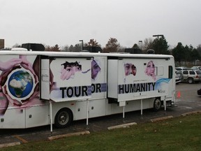 The Tour for Humanity bus parked in the St. Anne’s CSS parking lot last week for an engaging and informative seminar presented by the Friends of Simon Wiesenthal Center For Holocaust Studies. (SHEILA PRITCHARD/CLINTON NEWS RECORD)