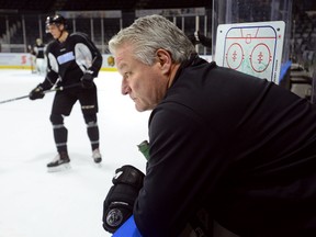 London Knights coach Dale Hunter at the bench during practice at Budweiser Gardens on Wednesday Nov 29, 2017. (MORRIS LAMONT, The London Free Press)