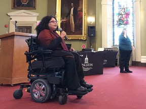 Meenu Sikand from the Rick Hansen Foundation speaks at the annual Celebrating Accessibility Awards on Thursday. (Elliot Ferguson/The Whig-Standard)
