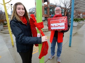 Samantha Radley, administrative assistant for the Regional HIV/AIDS Connection and volunteer Ray Sutherland fasten red scarves on the metal trees at the Covent Garden Market on Wednesday, Nov. 29, 2017. (MORRIS LAMONT, The London Free Press)