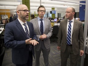 Mike Nolet of Bill Gosling Outsourcing talks about the renovations to their offices in CitiPlaza with London Mayor Matt Brown and Gosling CEO David Rae on Thursday, November 30, 2017. (MIKE HENSEN, The London Free Press)
