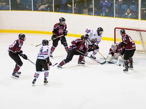Sarnia Legionnaires forward Joey Zappa storms the Chatham Maroons net Thursday in a game the Legionnaires won 6-4. Zappa scored a clutch goal to get the home team back in the contest early in the third period. (Photo courtesy of Shawna Lavoie)