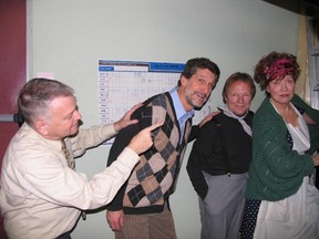 Jack Evans/Special to The Intelligencer
Left to right, director, Dave Henderson, encourages cast members Scott Roodvoets, Lynn Fennell and Moira Forrester to mount the spiral staircase leading from the Pinnacle Playhouse dressing room to the back stage area in preparation for opening night’s performance.