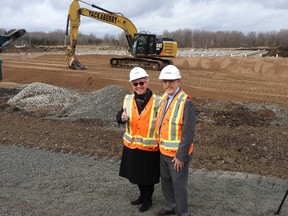 Wayne Lowrie/The Recorder and Times
Westport Mayor Robin Jones gives the thumbs up with Infrastructure minister Bob Chiarelli in front of the sewage project.