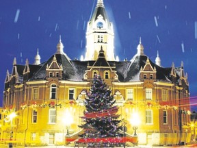 Stratford City Hall is alight with a festive glow at this time of year. (Special to Postmedia News)