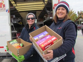 Raelene Duckworth, left, and Kelly Coleman with Purolator gather food donations for the Inn of the Good Shepherd in front of Albert's Original french fries during Saturday's Christmas in the Village on the main street in Point Edward.
It was one of several holiday events held around the community.
Paul Morden/Sarnia Observer/Postmedia Network