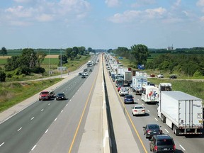 A view of the concrete barriers in the median of Highway 401. (File photo)