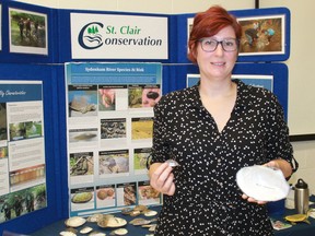 Erin Carroll, the St. Clair Region Conservation Authority's manager of biology, holds a spike mussel and a white heelsplitter mussel, taken from the Sydenham River. Carroll made a presentation to Lambton Wildlife Inc. about the rich aquatic life found in the Sydenham.