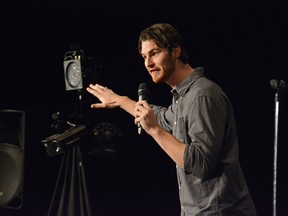 Comedian Travis Nelson does a bit during the Whitecourt Boob Tour at the Whitecourt Community Centre on Dec. 2 (Peter Shokeir | Whitecourt Star).