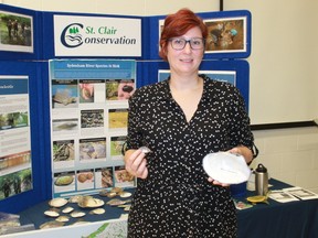 Erin Carroll, the St. Clair Region Conservation Authority's manager of biology, holds a spike mussel and a white heelsplitter mussel, taken from the Sydenham River. Carroll made a presentation to Lambton Wildlife Inc. about the rich aquatic life found in the Sydenham.
CARL HNATYSHYN/SARNIA THIS WEEK