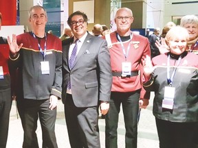 Vulcan Town councillors, the Town’s administrator and mayor pose for a photo with Calgary Mayor Naheed Nenshi at the Alberta Urban Municipalities Association convention held in Calgary Nov. 21-24. From left are Couns. Michelle Roddy, Laura Thomas and Paul Taylor, administrator Kim Fath, Coun. Lyle Magnuson, Nenshi, Vulcan Mayor Tom Grant, and Couns. Georgia-Lee DeBolt and Lorna Armstrong.