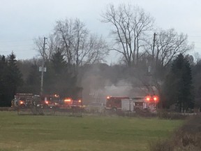 Emergency officials say one person was taken to hospital with burns after a Monday afternoon explosion at the Hamilton Road home near Clarke Road. (Submitted photo)