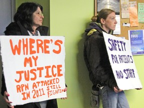 Former nurse Dianne Paulin, left, and patient Tamara Atkinson shared their  stories of violence at the North Bay Regional Health Centre during a media conference at the Canadian Union of Public Employees' office in February 2016 
Nugget File Photo