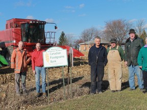 A group of Lambton County farmers donated time and labour Nov. 29 to help fight world hunger, raising money for the Bluewater Growing Project. From left are Robert Halliday, Jack Koetsier, Bill VanderLinde, John Speelman, Harry Joosse and Lammie Joosse.
CARL HNATYSHYN/SARNIA THIS WEEK
