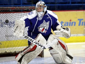 MacKenzie Savard makes a save during action with the Sudbury Wolves last season. The 20-year-old from Dowling has had a strong start with the Rayside-Balfour Canadians of the NOJHL, but plans to to begin study at Laurentian University in January and to suit up for the men's varsity hockey team. Gino Donato/The Sudbury Star/Postmedia Network