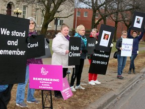 The Women's Sexual Assault Centre of Renfrew County shows their solidarity with the families of Basil Borutski's victims with this demonstration outside the Pembroke courthouse Tuesday. Inside the man convicted in the murders of Carol Culleton, Anastasia Kuzyk and Nathalie Warmerdam was being sentenced for the horrific crimes which shocked the region.