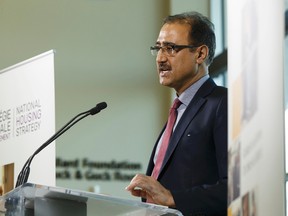 Minister of Infrastructure and Communities Amarjeet Sohi announces the federal government's new national housing strategy during a press conference at Boyle Street Plaza in Edmonton, Alberta. Photo by Ian Kucerak