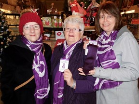 (L-R): Lorraine Brophy, Bernice Glenn and Melody Falkner-Pounder showing their support with their purple scarves, in the campaign to end violence against women, while remembering the 14 lives lost 28 years ago. (Kathleen Smith/Goderich Signal Star)