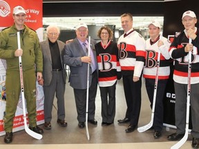 TIM MEEKS/THE INTELLIGENCER
The United Way of Hastings & Prince Edward launched its annual Maurice Rollins Leadership Challenge Fund Wednesday at the Yardmen Arena. On hand for the launch, from the left, were Maj. Chris Hepburn representing 8 Wing Trenton, Maurice Rollins, Quinte West mayor Jim Harrison, United Way director of fundraising Melanie Cressman, Rob Mullowney, chief operating officer for the Belleville Senators, Joe Folk, plant manager at Proctor & Gamble, and Tim Bannon, vice chairman of the United Way's board of directors.