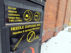 This needle drop bin beside the Neighbourhood Resource Centre at the southeast corner of Gore and Albert streets, is one of two such sites in Sault Ste. Marie. The other bin is at John Howard Society on King Street. Both allow for 24-hour disposal. JEFFREY OUGLER/SAULT STAR